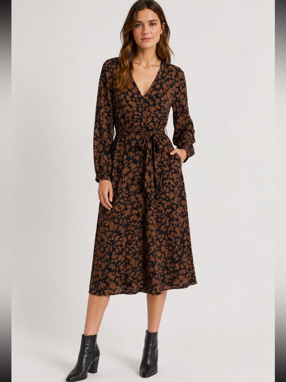 Rails Black and Brown Floral Long Sleeve midi Dress with tie waist. S